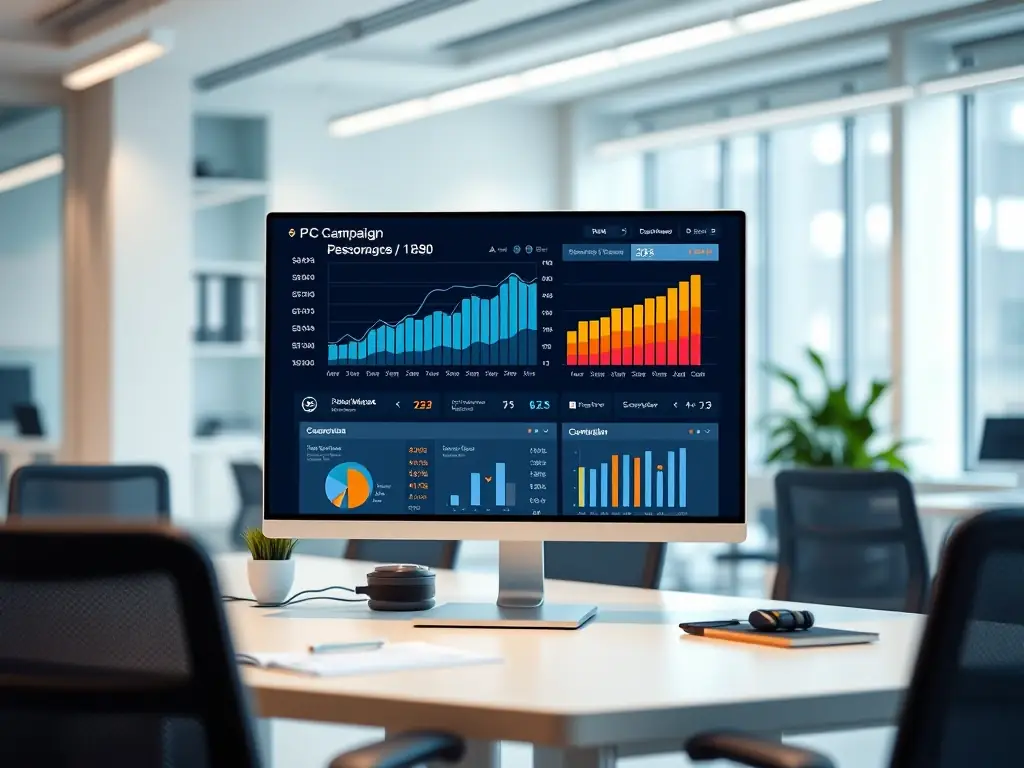 A focused image of a digital dashboard displaying Google Ads performance metrics, highlighting key data points such as click-through rates, conversion rates, and cost per acquisition. The dashboard should be clean, modern, and easy to interpret, showcasing the agency's data-driven approach.