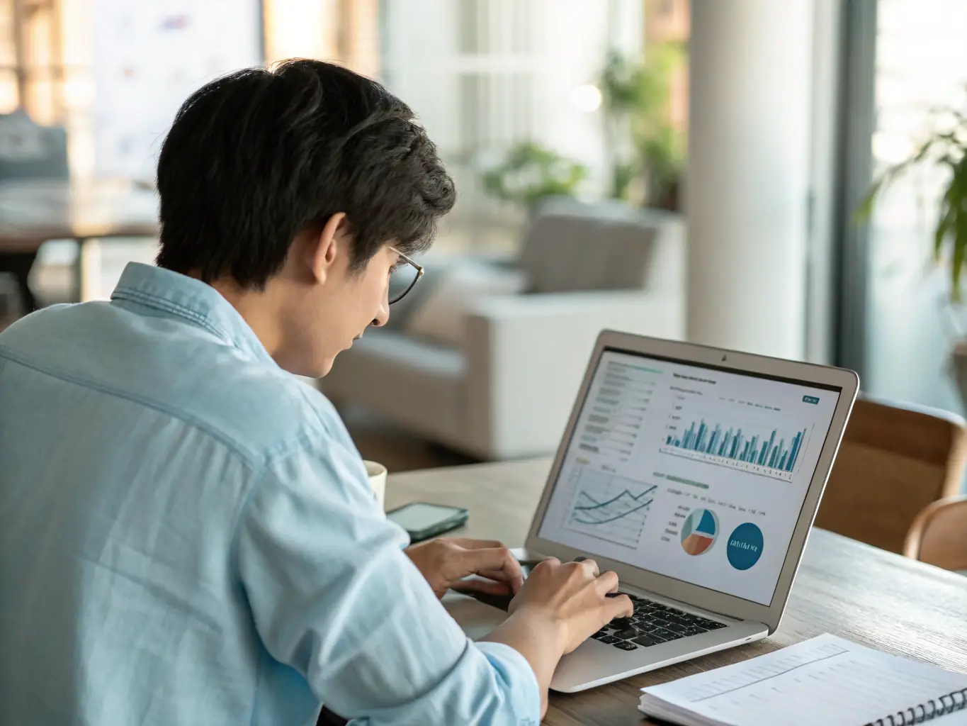 A focused digital marketing expert conducting keyword research on a laptop, surrounded by data charts and SEO tools, in a modern office setting, emphasizing the data-driven approach of Elevate Digital.