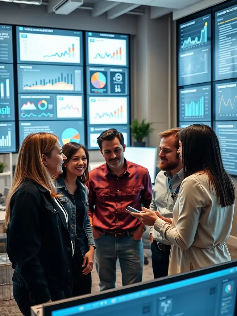 A professional digital marketing team collaborating in a modern office, analyzing data on large screens and discussing strategies.